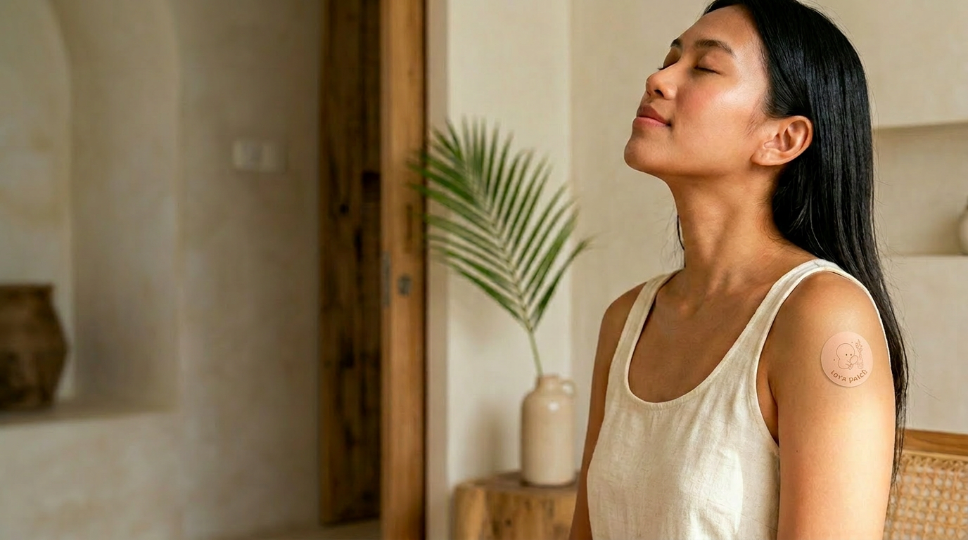 Woman wearing a Tova lavender wellness patch on her shoulder in soft morning light